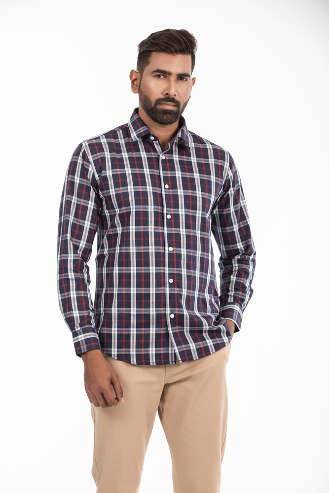 Men's Slim Fit Spread Collar Checked Dress Shirt