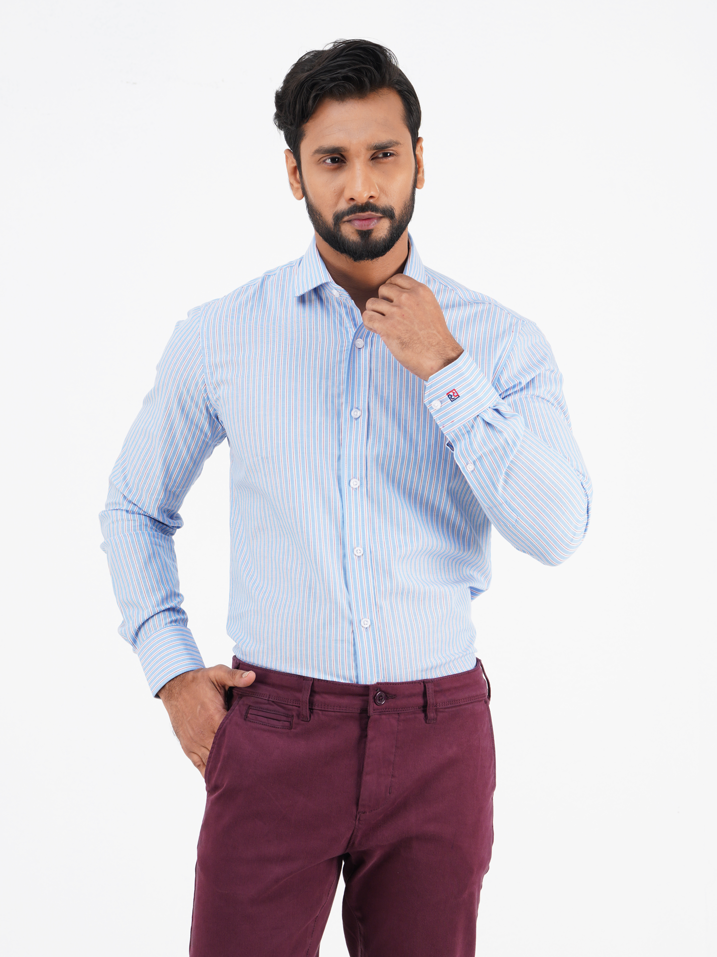 Men's Slim Fit Long Sleeve Arrow Collar Stripe Shirt