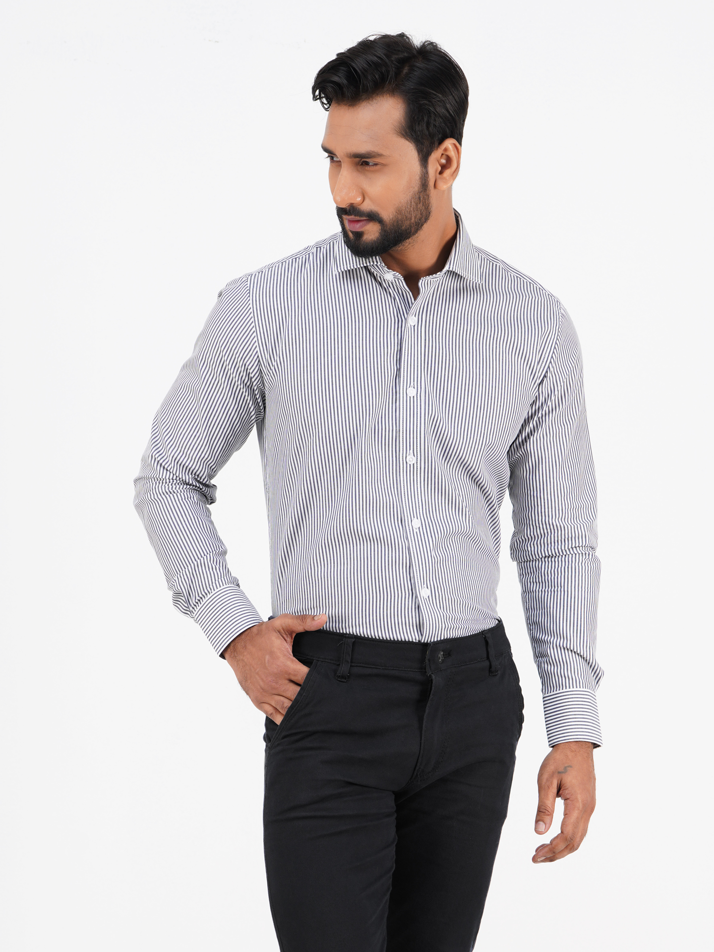 Men's Slim-Fit Long Sleeve Arrow Box Placket Stripe Shirt
