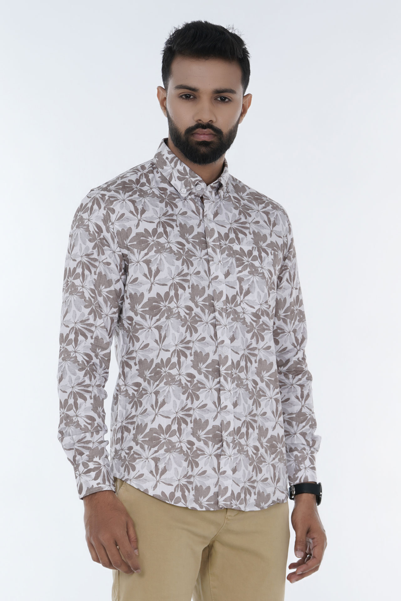 Men's Floral Print Slim-Fit Long-Sleeve Casual Shirt
